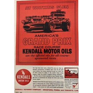 1965 Kendall Motor Oil - America’s Grand Prix Watkins Glen Vintage Print Ad
